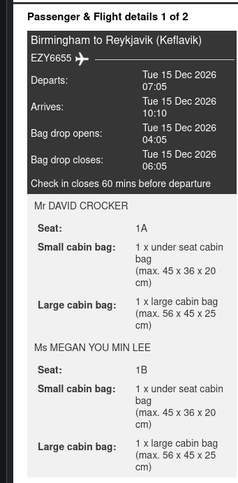 easyJet booking: EZY6655 Birmingham to Keflavík, 15 December 2026, seats 1A and 1B