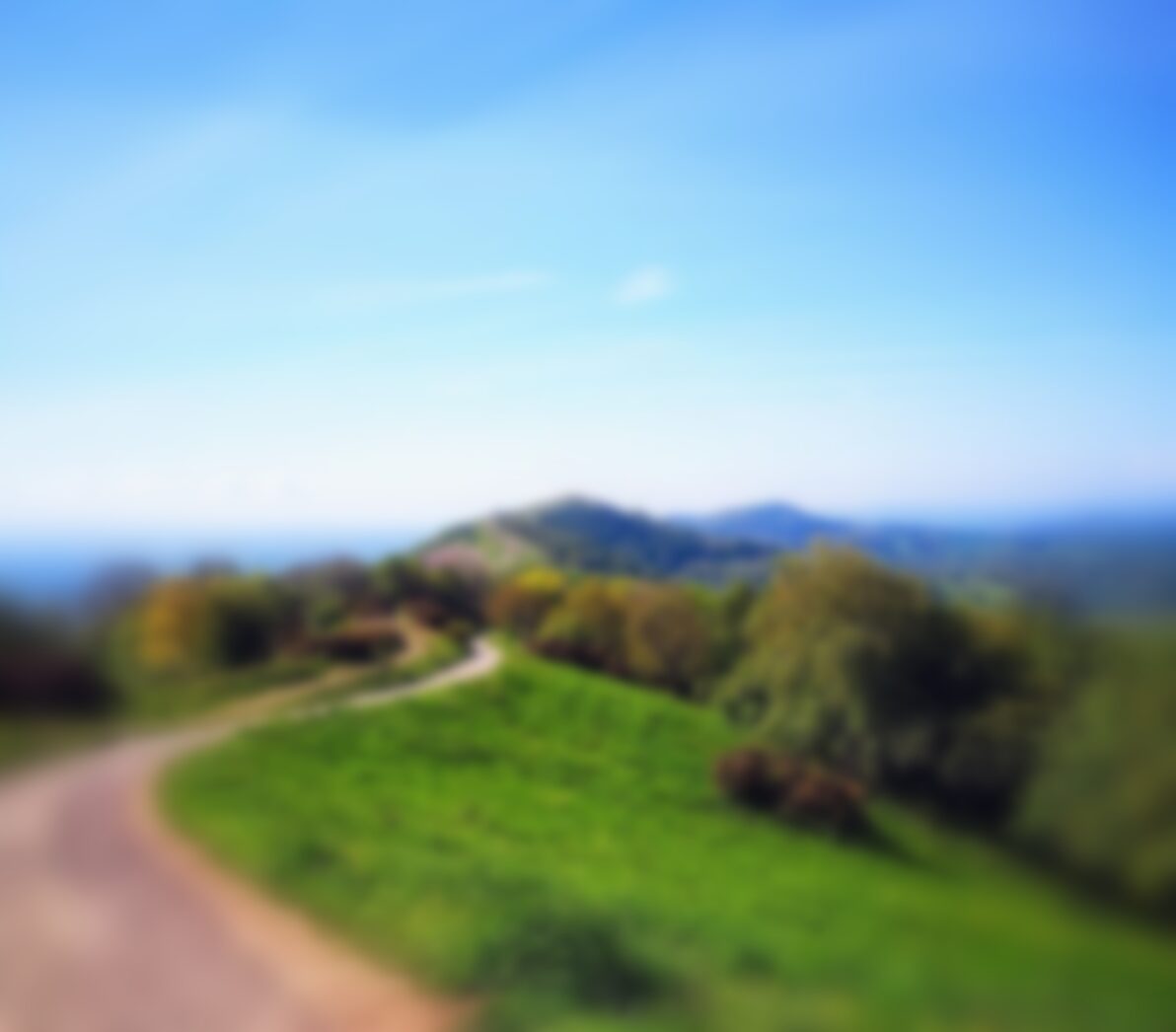 Soft-focus photo of a path along a green hill ridge under a blue sky