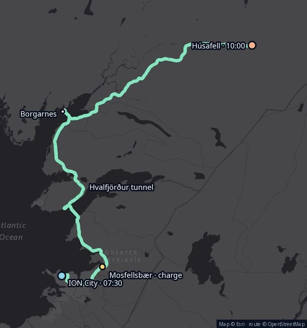 Map of the drive from ION City in Reykjavík through Mosfellsbær, the Hvalfjörður tunnel and Borgarnes to Húsafell